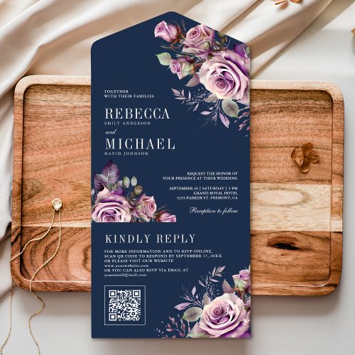 Dusty Purple Floral QR Code Navy Blue Wedding All In One Invitation