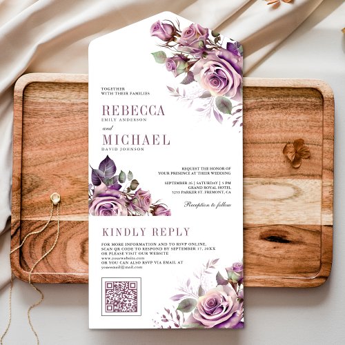 Dusty Purple Floral QR Code Wedding All In One Invitation