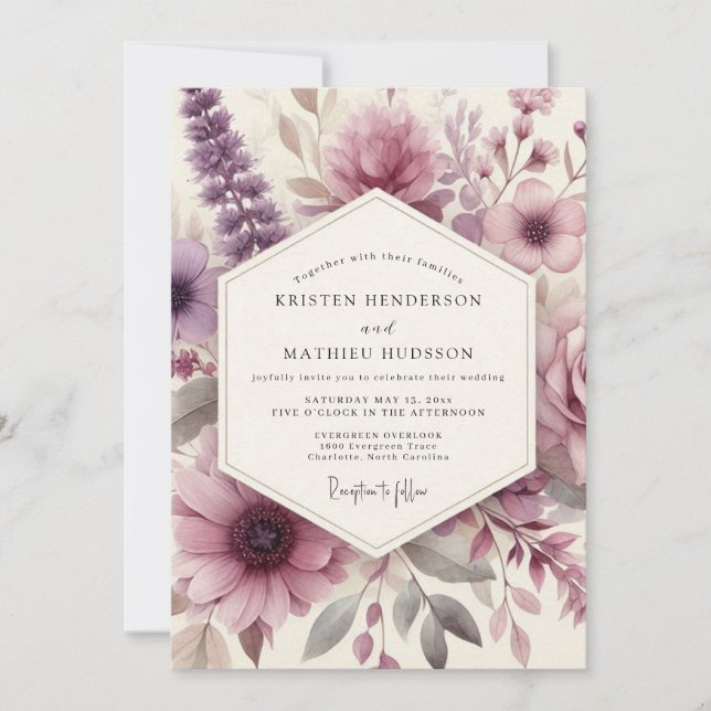 Dusty Purple Floral Romance Wedding Invitation (Front)
