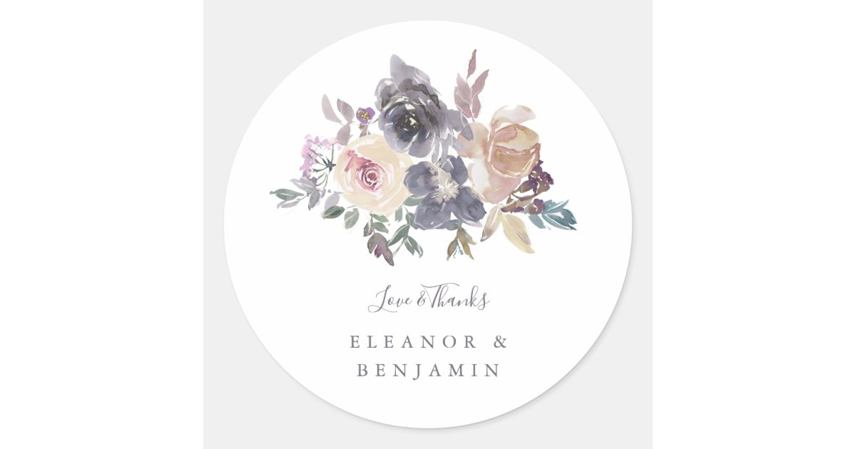 Dusty Purple Floral Watercolor Custom Wedding Classic Round Sticker ...