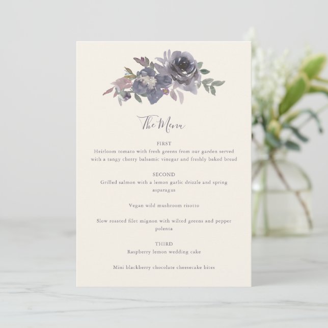 Dusty Purple Floral Watercolor Wedding Custom  Menu (Standing Front)
