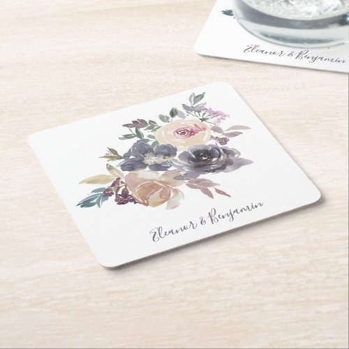 Dusty Purple Floral Watercolor Wedding Custom  Square Paper Coaster