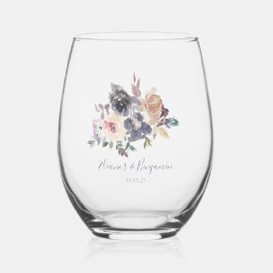 Dusty Purple Floral Watercolor Wedding Custom Stemless Wine Glass
