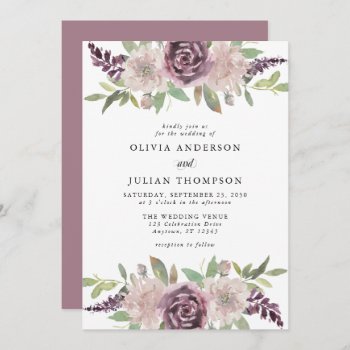 Dusty Purple Floral Watercolor Wedding Invitation by oddowl at Zazzle