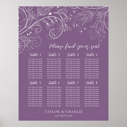 Dusty Purple Floral Wedding 8 Tables Seating Chart