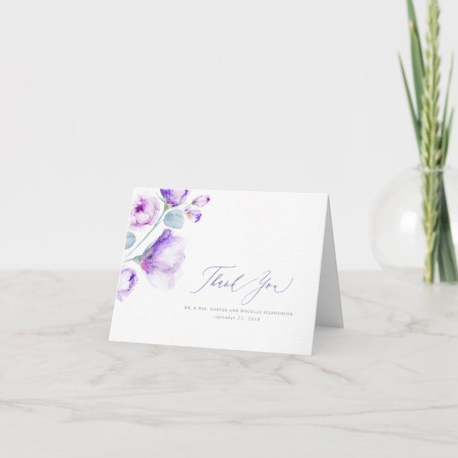 Dusty Purple Floral Wedding Thank You Card (Front)