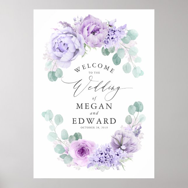 Dusty Purple Floral Wedding Welcome Poster (Front)