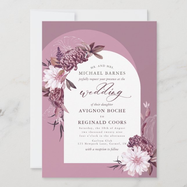 Dusty Purple Flowers Arch Photo Wedding Invitation (Front)