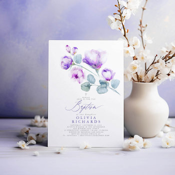 Dusty Purple Flowers Baptism Invitation by lovelywow at Zazzle