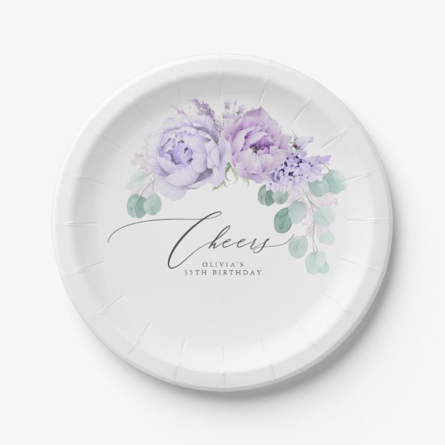 Dusty Purple Flowers Elegant Botanical Wreath Paper Plates (Front)