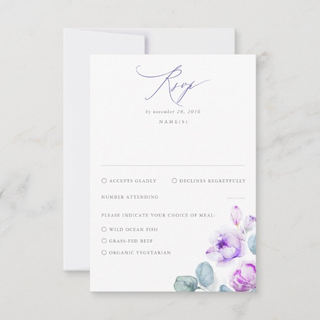Dusty Purple Flowers Elegant Dreamy Wedding RSVP (Front)