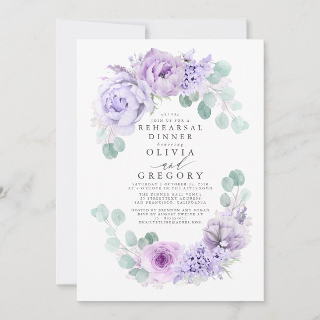 Dusty Purple Flowers Elegant Rehearsal Dinner Invitation (Front)