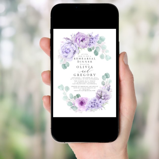 Dusty Purple Flowers Elegant Rehearsal Dinner Invitation (Front Digital)