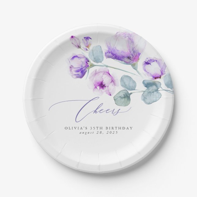 Dusty Purple Flowers Elegant Romantic Paper Plates (Front)