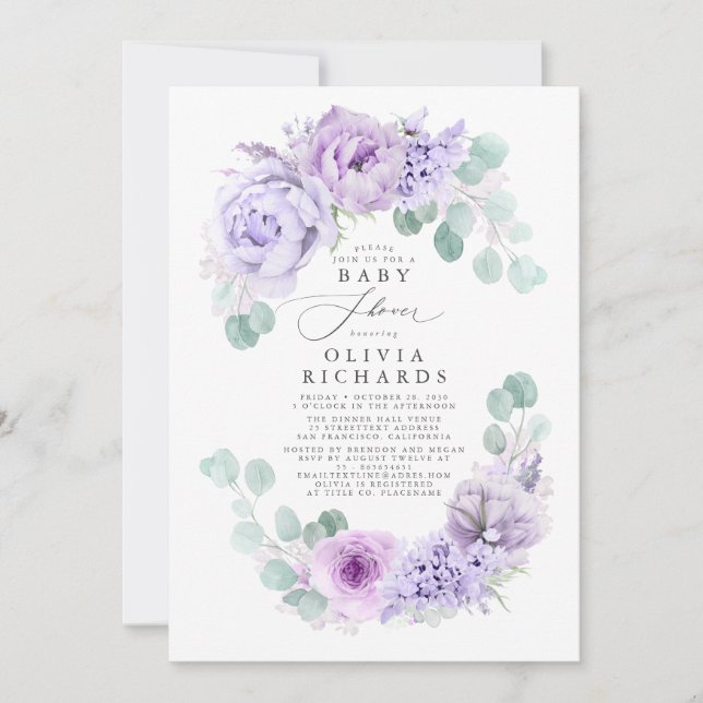 Dusty Purple Flowers Elegant Soft Baby Shower Invitation (Front)