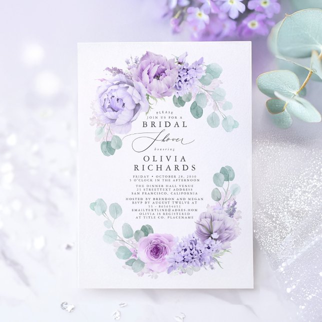 Dusty Purple Flowers Elegant Soft Bridal Shower Invitation (Purple Floral Romantic Bridal Shower Invitation)
