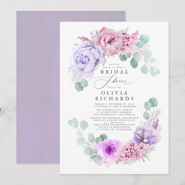 Dusty Purple Flowers Elegant Soft Bridal Shower Invitation (Front/Back)