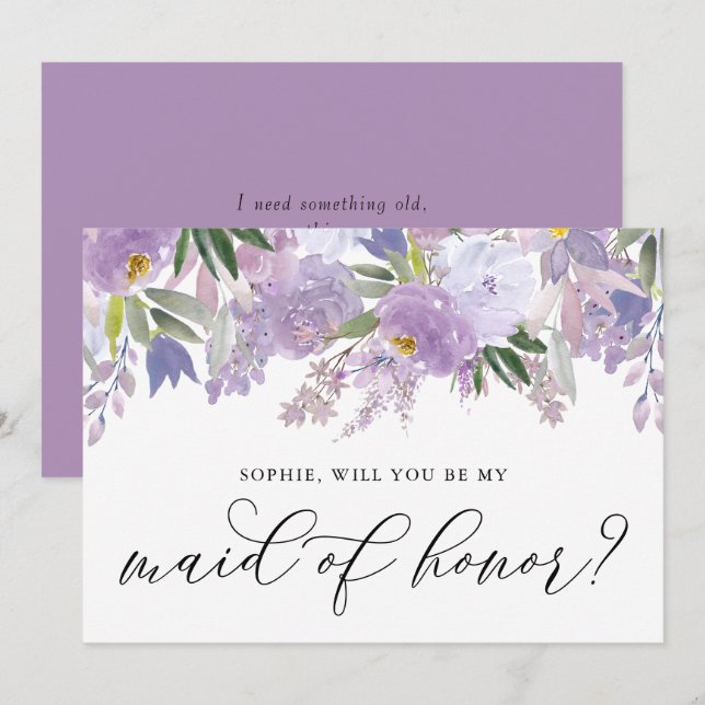 Dusty Purple Flowers Will You Be My Maid of Honor Invitation (Front/Back)