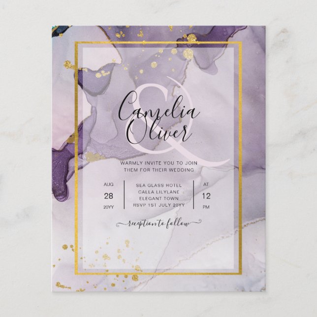 Dusty Purple Gold Alcohol INK Abstract Wedding Flyer (Front)