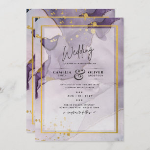 Dusty Purple Gold Alcohol INK Abstract Wedding Invitation
