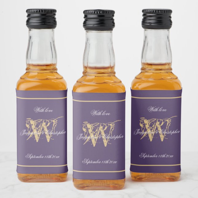 Dusty Purple & Gold Chic Monogram Wedding Mini  Liquor Bottle Label (Bottles)