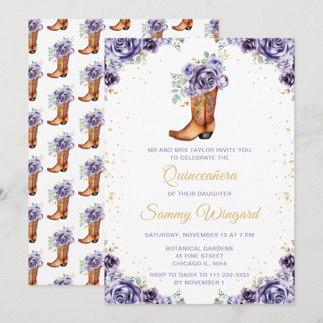 Dusty Purple Gold Floral Cowboy Boot Quinceañera Invitation (Front/Back)
