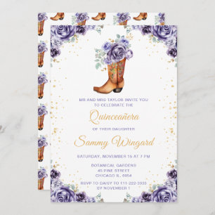 Dusty Purple Gold Floral Cowboy Boot Quinceañera Invitation