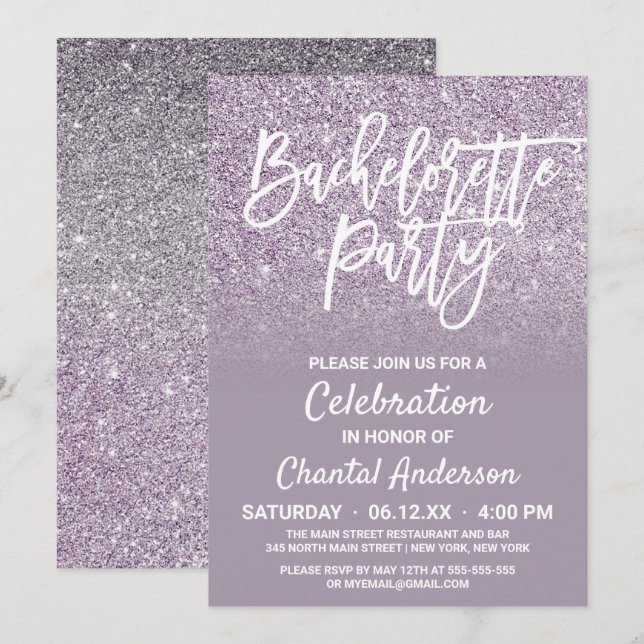 Dusty Purple Gray Faux Glitter Ombre Bachelorette Invitation (Front/Back)