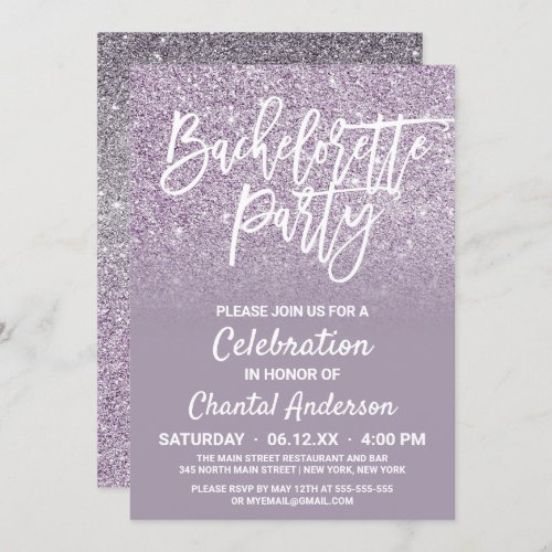 Dusty Purple Gray Faux Glitter Ombre Bachelorette Invitation