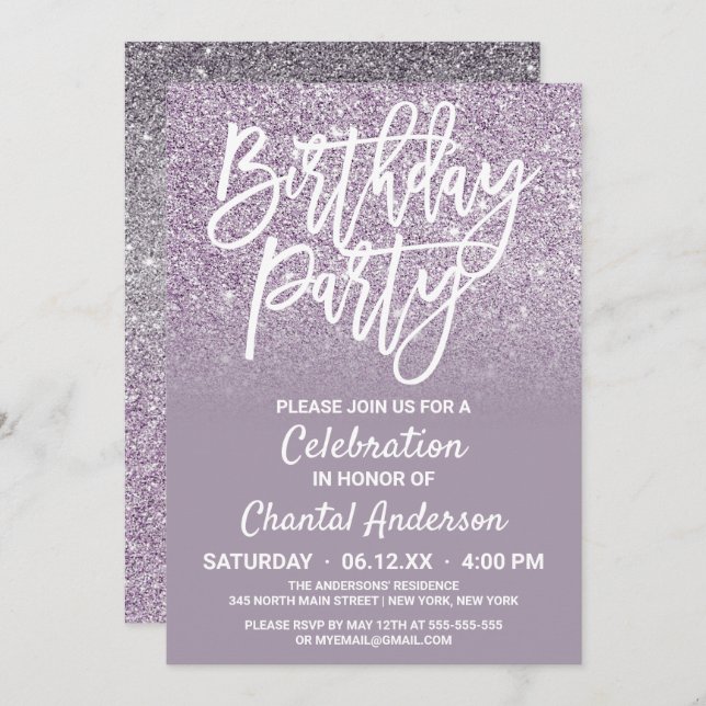 Dusty Purple Gray Faux Glitter Ombre Birthday Invitation (Front/Back)