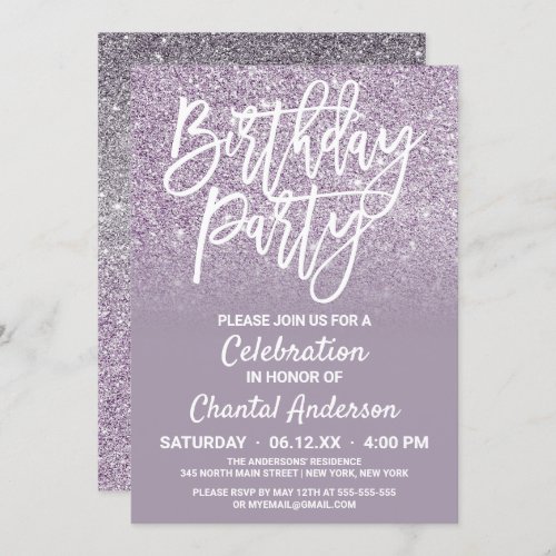Dusty Purple Gray Faux Glitter Ombre Birthday Invitation