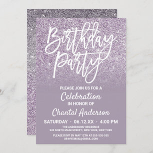 Dusty Purple Gray Faux Glitter Ombre Birthday Invitation