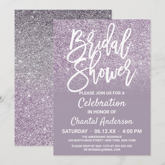Dusty Purple Gray Faux Glitter Ombre Bridal Shower Invitation (Front/Back)