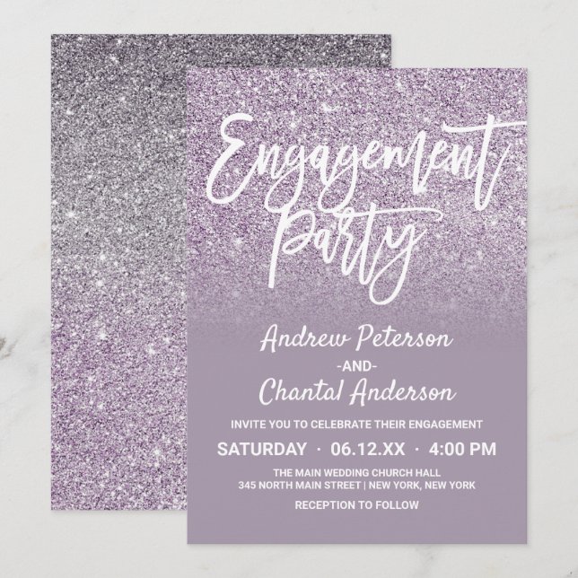 Dusty Purple Gray Faux Glitter Ombre Engagement Invitation (Front/Back)