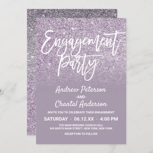 Dusty Purple Gray Faux Glitter Ombre Engagement Invitation