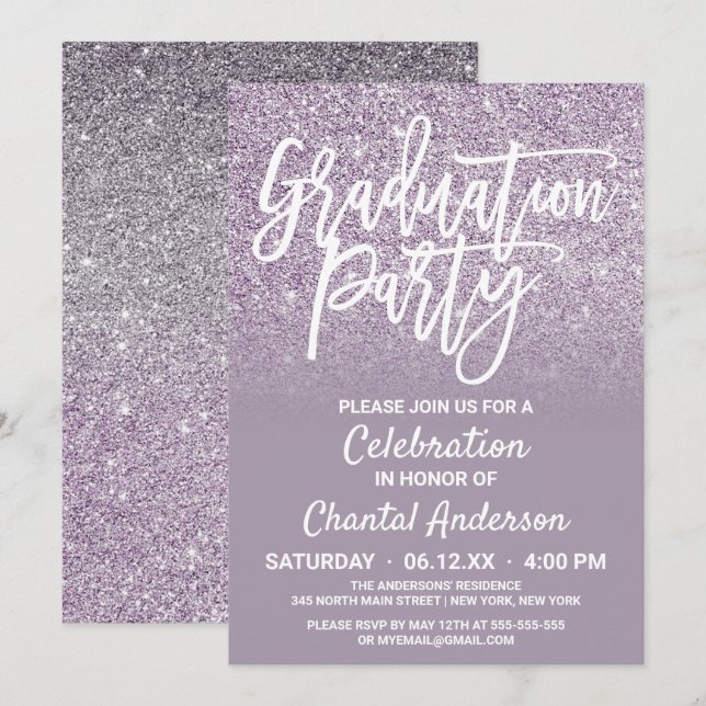 Dusty Purple Gray Faux Glitter Ombre Graduation Invitation (Front/Back)