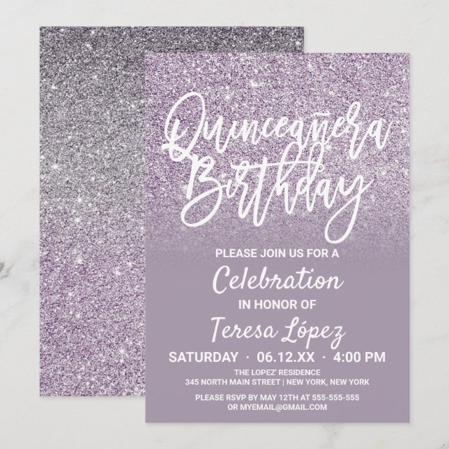 Dusty Purple Gray Faux Glitter Ombre Quinceañera Invitation (Front/Back)