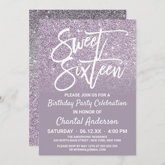 Dusty Purple Gray Faux Glitter Ombre Sweet Sixteen Invitation (Front/Back)