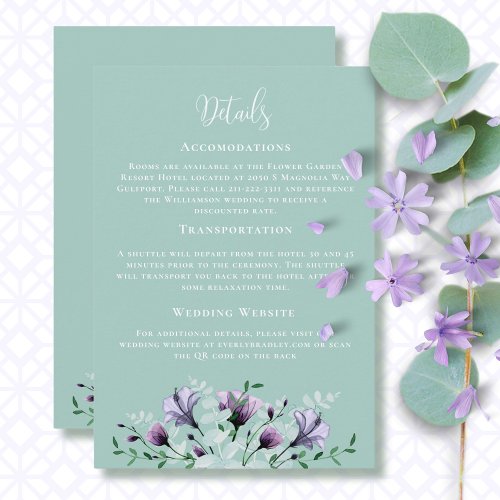 Dusty Purple Green Floral QR Code Detail Wedding Enclosure Card