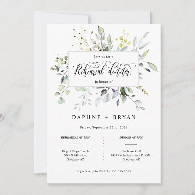 Dusty Purple Green Leaves Rehearsal Dinner Photo Invitation (Front)