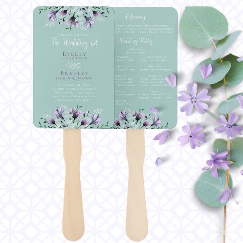 Dusty Purple Green Watercolor Floral Program Hand Fan