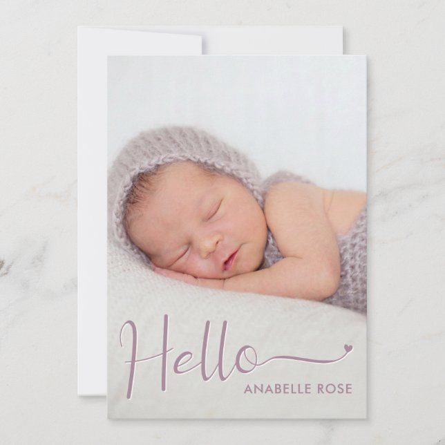 Dusty Purple Hello Baby Photo Birth Announcement (Front)