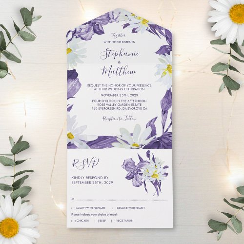 Dusty Purple Iris White Daisy Botanical Wedding All In One Invitation