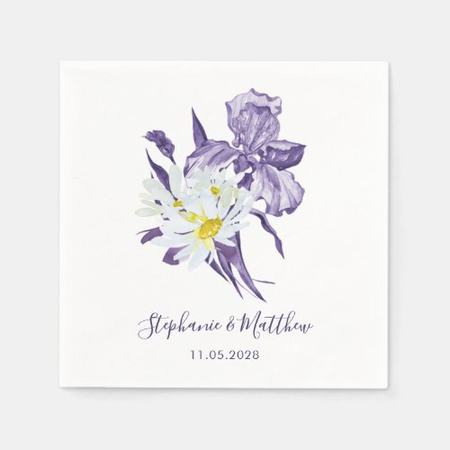 Dusty Purple Iris White Daisy Botanical Wedding Napkins