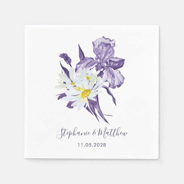 Dusty Purple Iris White Daisy Botanical Wedding Napkins (Front)