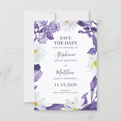 Dusty Purple Iris White Daisy Botanical Wedding Save The Date