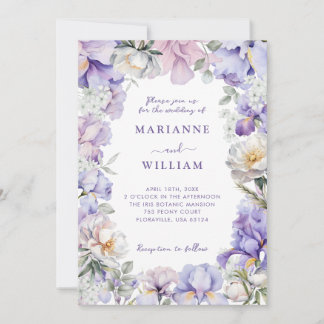 Dusty Purple Iris & White Peony Botanical Wedding Invitation