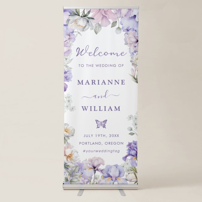 Dusty Purple Iris White Peony Botanical Wedding Retractable Banner (Front)