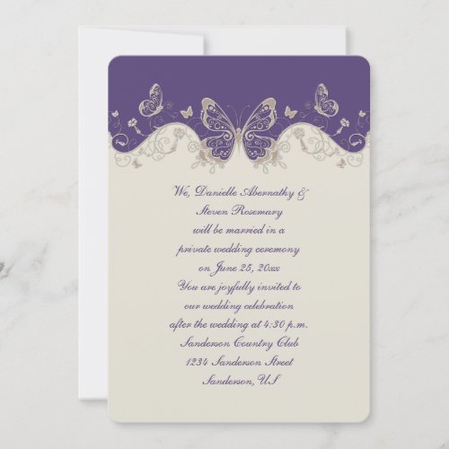Dusty Purple Ivory Butterflies Reception Only Invitation