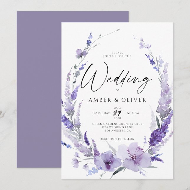 Dusty Purple Lavender Elegant Modern Wedding Invitation (Front/Back)